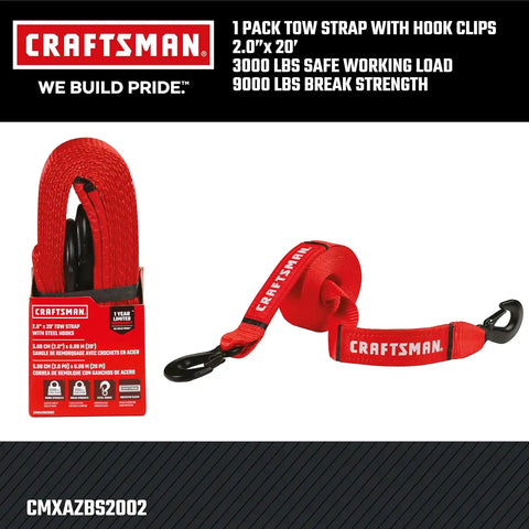 CRAFTSMAN 2" x 20' Tow Strap with Coated, Forged Steel Safety Clip Hooks | 9,000 lbs Break Strength, Coated Forged Steel Safety Clip Hooks, Weather-Resistant Strap, Emergency Flat Terrain Tow Solution
