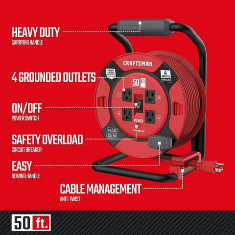 CRAFTSMAN 50 Ft. Retractable Extension Cord Reel, 4 Outlets | 14 AWG SJTW cable, heavy-duty build, ideal for garage or job site power