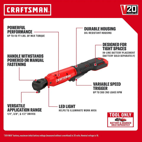 CRAFTSMAN V20 Cordless Ratchet Wrench, Multi-Size 3/8 Ratchet, 1/4 and 1/2 Interchangeable Anvils, LED Light, 40 ft-lbs Torque, 300 RPM, Battery Not Included (CMCF935B)