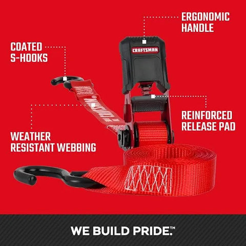 CRAFTSMAN 1" x 12' x 1,500 lbs Ergonomic Light-Duty Ratchet Straps, 4-Pack | 1,500 lbs Break Strength, Weather-Resistant, Padded Ergonomic Grip Handles, Coated S-hooks, Easy to Secure Lightweight Cargo
