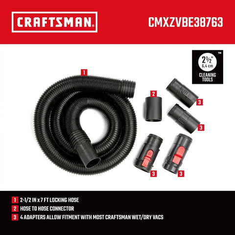 CRAFTSMAN CMXZVBE38763 2-1/2 in. x 7 ft. POS-I-LOCK Wet Dry Vacuum Hose | Industrial-Grade Shop Vacuum Hose Attachment Kit, Fits Most CRAFTSMAN Wet/Dry Vacuums with a 2-1/2 in. Diameter Inlet