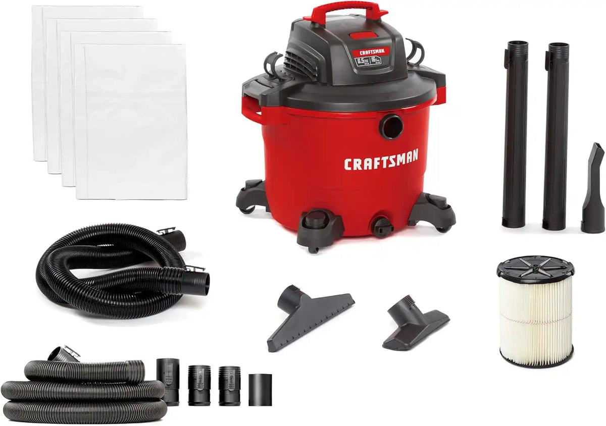 CRAFTSMAN CMXEVBE18595 16 Gallon 6.5 Peak HP Wet Dry Vac, Heavy-Duty Shop Vacuum Wet and Dry with Filter, 4 Dust Bags, 7 ft. Hose, 20 ft. Hose and Attachments for Home Projects & Renovations