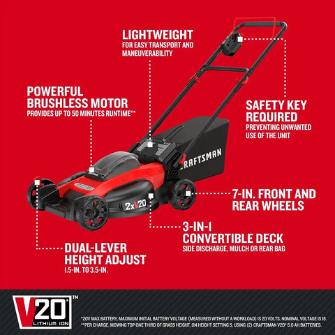 CRAFTSMAN V20 20 in Lawn Mower, 2 x 5Ah Batteries and 2 Chargers Included, High Effeciency Brushless Motor, Push Mower, Up to 50 Min of Runtime, Lightweight, Grass Bag, Low Profile (CMCMW220P2)