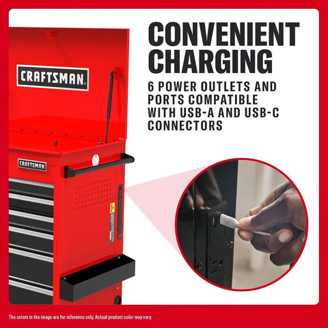 CRAFTSMAN Rolling Cart with Drawers, Full Bank Utility Cart, Six Soft-Close Drawers Tool Chest, Power Outlets, Side Tray, Heavy Duty Casters, 37 x 21 x 41 Inch, Red (CMSTUC06RB)