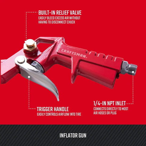 CRAFTSMAN Inflator Gun, 0-150 PSI, 3-in-1 Multi-Function Gauge, Air Chuck and Relief Valve, Cold-Resistant 12-in Inflation Hose, Versatile Attachments, and 1/4-in NPS Male Threads