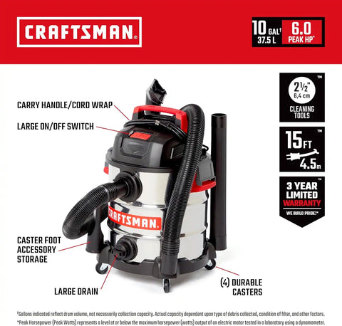CRAFTSMAN CMXEVBE17155 10 Gallon 6.0 Peak HP Stainless Steel Wet Dry Vac, Portable Shop Vacuum Wet and Dry with Filter, Hose, DIY Cleaning Kit and Attachments for Home and Garage Use