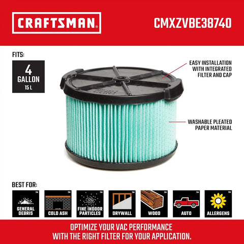 CRAFTSMAN CMXZVBE38740 Genuine 4 Gal. HEPA Media Wet Dry Shop Vacuum Filter | Fits Most 4 Gallon CRAFTSMAN Shop Vacuums, Easy Installation and Traps Allergens