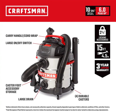 CRAFTSMAN CMXEVBE17155 10 Gallon 6.0 Peak HP Stainless Steel Wet Dry Vac