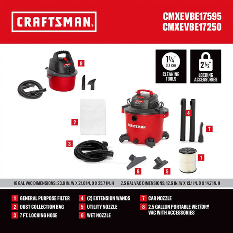 CRAFTSMAN 16 Gal. 6.5 Peak HP and 2.5 Gal. 2.5 Peak HP Shop Vacuum Bundle