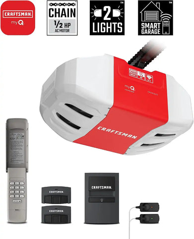 CRAFTSMAN 1/2 HP Smart Garage Door Opener - myQ Smartphone Controlled - Chain Drive, Wireless Keypad Included, Model CMXEOCG472, Red