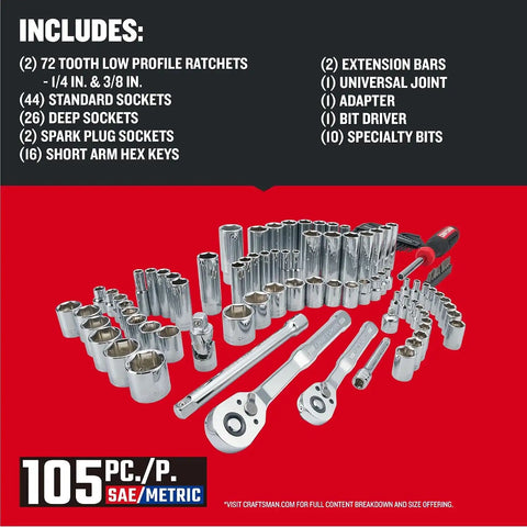 CRAFTSMAN Mechanics Tool Set 105 Pcs, Standard (SAE) and Metric with Case , 1/4 and 3/8 Inch Drive Car Tool Kit( CMMT12123)