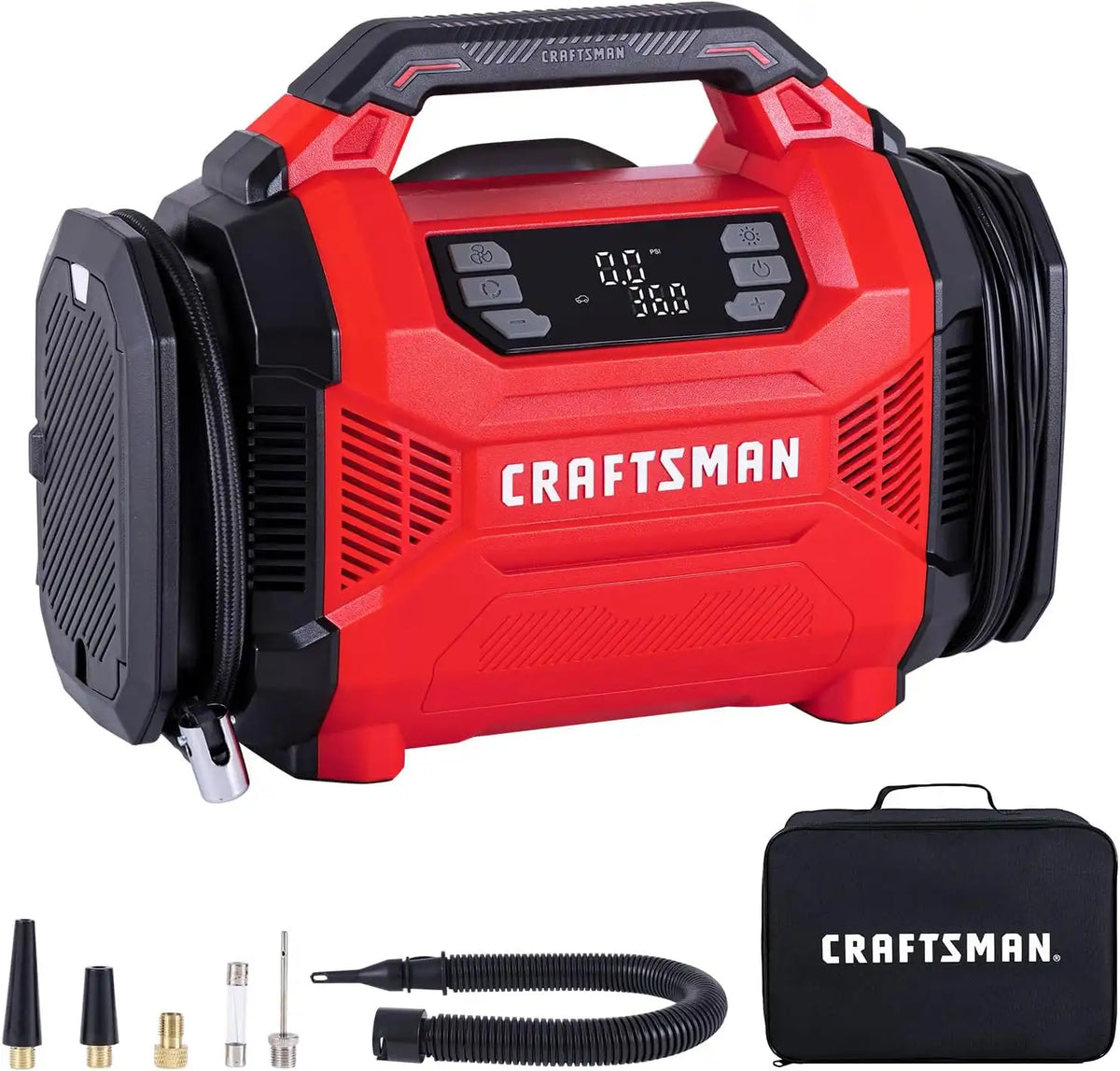 CRAFTSMAN Dual Power Tire Inflator with Digital Gauge & Auto Shut-Off | 12V DC Car Plug and 120V AC Home Use with Up to 150 PSI, LED Light, Portable Air Pump for Car Tires, Bikes and Inflatables