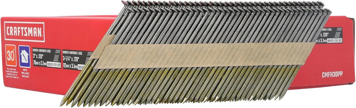CRAFTSMAN Framing Nails Paper Collated Smooth 30 Degree, 3-1/4 inch x 0.12 inch and 3 in x 0.12 inch, 500 Qty Each (CMFH30PP)