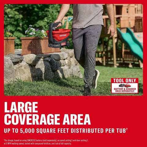 Craftsman V20 Four Season Seed Spreader Handheld, 1.2 Gal, 6 Speed, Fertilizer Spreader, Salt, Ice Melt, Covers up to 5,000 sqf per Tub, Tool Only (CMCOE300B)