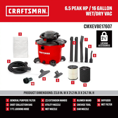 CRAFTSMAN CMXEVBE17607 16 Gallon 6.5 Peak HP Wet Dry Vac with Detachable Blower, Portable Shop Vacuum Wet and Dry with Dry Filter, Wet Filter, Dust Bag and Attachments for Garage, Outdoor Cleaning