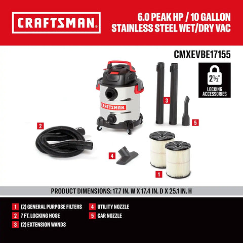 CRAFTSMAN CMXEVBE17155 10 Gallon 6.0 Peak HP Stainless Steel Wet Dry Vac, Portable Shop Vacuum Wet and Dry with 2 Filters, Hose and Attachments for Home and Garage Use