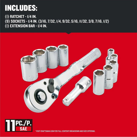 CRAFTSMAN Mechanics Tool Set, SAE, 1/4 Inch Drive, 11 Piece, 90-Tooth (CMMT34870)