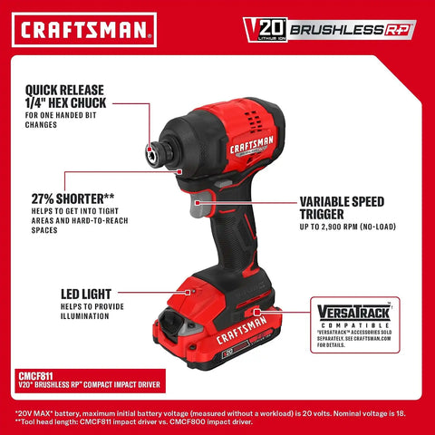 CRAFTSMAN V20 Brushless RP Drill Driver and Impact Driver Compact 2 Tool Combo Kit With 2 x 2ah Battery and Charger, 1900 RPM Power Drill, 2100 Torque Cordless Impact (CMCK1411D2)