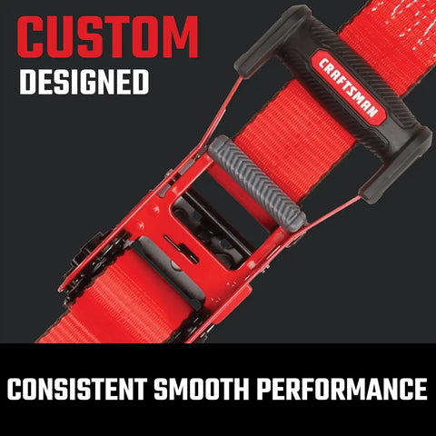 CRAFTSMAN 2" x 27' x 10,000 lbs Ratchet Strap with Double J-Hooks, 1‑Pack | 10,000 lbs Break Strength, Wide‑Grip Ergonomic Handle, WSTDA Weather‑Resistant Straps, Double J-Hooks for Industrial Cargo