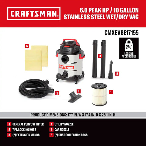 CRAFTSMAN CMXEVBE17155 10 Gallon 6.0 Peak HP Stainless Steel Vacuum Bundle