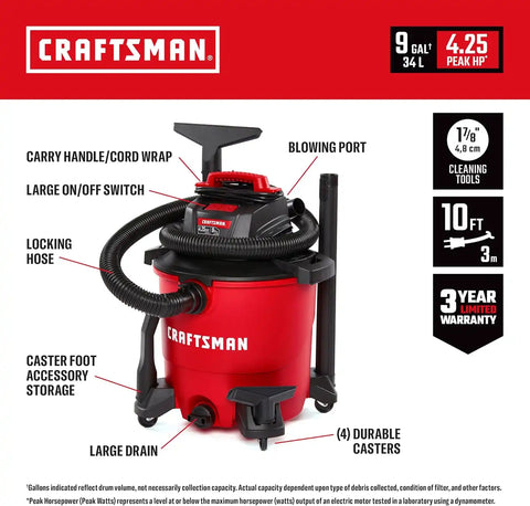 CRAFTSMAN CMXEVBE18690 9 Gallon 4.25 Peak HP Wet Dry Vac, Portable Shop Vacuum Wet and Dry with Filter, 3 Dust Bags, Dusting Brush, Hose and Attachments for Home, Garage and Automotive Cleaning
