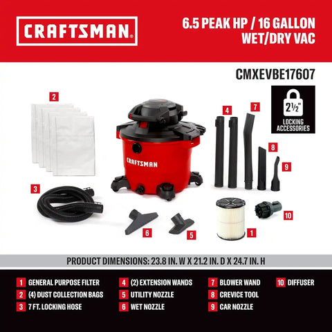 CRAFTSMAN CMXEVBE17607 16 Gallon 6.5 Peak HP Wet Dry Blower Vacuum Bundle