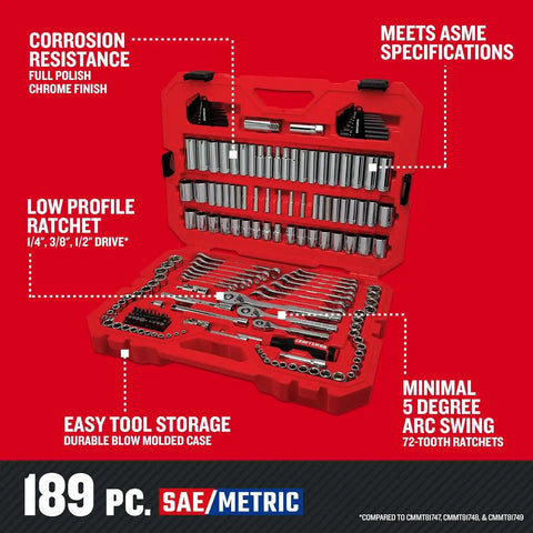 CRAFTSMAN 189 Piece Mechanics Tool Set, 1/4, 3/8 and 1/2 Inch Drive Socket Wrench Set with Thinner Ratchet, Steel 6 and 12-Point Sockets, Wrenches, Hex Keys and Specialty Bits, 90-Tooth (CMMT12134)