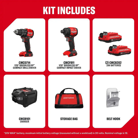 CRAFTSMAN V20 Brushless RP Drill Driver and Impact Driver Compact 2 Tool Combo Kit With 2 x 2ah Battery and Charger, 1900 RPM Power Drill, 2100 Torque Cordless Impact (CMCK1411D2)