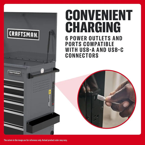 CRAFTSMAN Tool Cart with Wheels, Full Bank Rolling Utility Cart, 37 x 21 x 41 Inch, Power Outlets and USB Connectors, Integrated Pegboard, Internal Locking System, Gray (CMSTUC06GB)