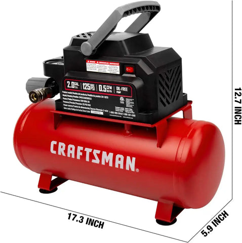 Craftsman 2 Gallon Portable Air Compressor, Oil-Free 125 PSI Hot Dog | 125 PSI Max Pressure & 0.5 CFM @ 90 PSI, Oil-free Pump for Low Maintenance, Lightweight, Model: CMXECXA0200243