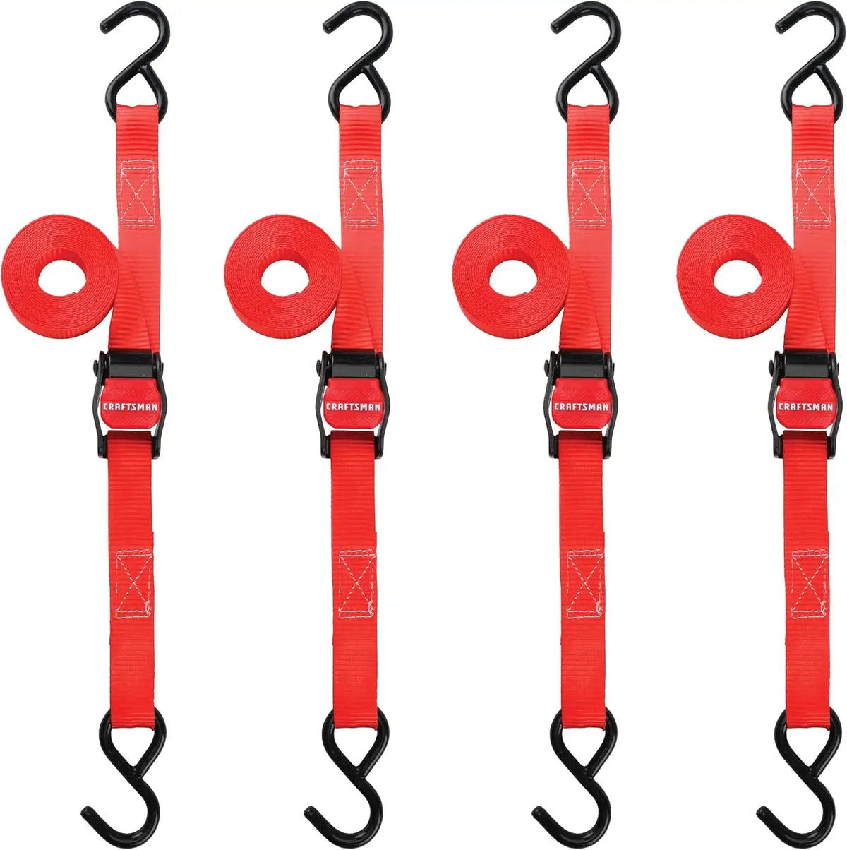 CRAFTSMAN 1" x 10' x 900 lbs Light-Duty Cam Buckle Tie-Down Straps, 4-Pack | 900 lbs Break Strength, XL Padded Grip Release Lever, Weather‑Resistant, Coated S‑Hooks, Easy to Use for Lightweight Cargo