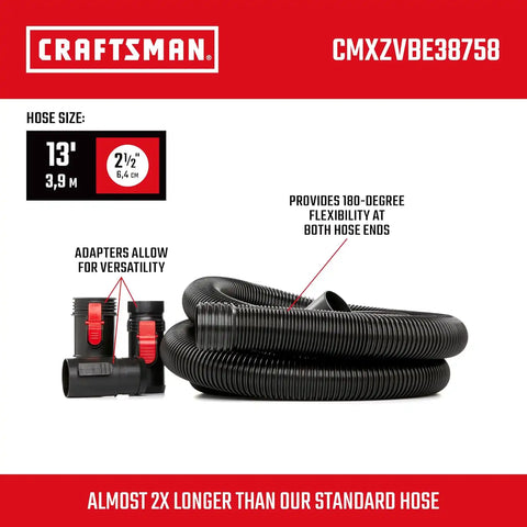 CRAFTSMAN CMXZVBE38758 2-1/2 in. x 13 ft. POS-I-LOCK Wet Dry Vacuum Hose | Industrial-Grade Shop Vacuum Hose Attachment Kit, Fits Most CRAFTSMAN Wet/Dry Vacuums with a 2-1/2 in. Diameter Inlet