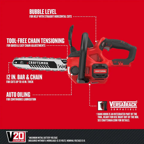 CRAFTSMAN V20 Mini Chainsaw, Cordless, 12 inch, Bare Tool Only (CMCCS620B)