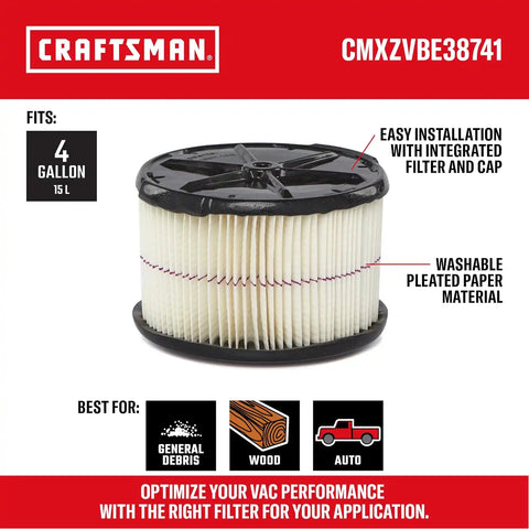 CRAFTSMAN CMXEVBE17040 4 Gallon 5.0 Peak HP Wet Dry Vac, Portable Shop Vacuum Wet and Dry with 2 General Dirt Filters, Hose and Attachments for Home and Automotive Cleaning