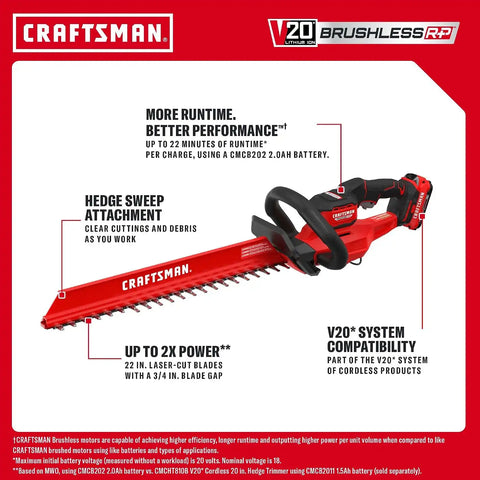 CRAFTSMAN V20 22 in. Hedge Trimmer Cordless with 2Ah Battery and Charger, Lightweight Brushless RP Bush Trimmer with Hedge Sweep Attachment, Longer Runtime, Up to 2X More Power (CMCHT830D1)