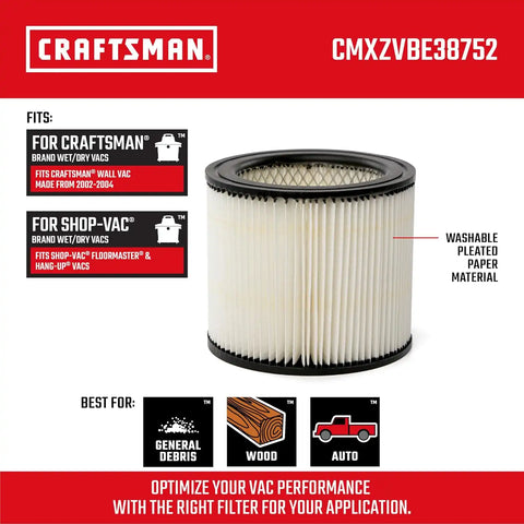 CRAFTSMAN CMXZVBE38752 General Purpose Wet Dry Shop Vacuum Filter | Fits Most Wall-Mount Shop-Vac Branded Shop Vacuums, Friction Fit Installation, Traps General Debris