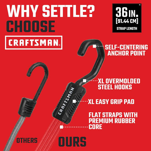 CRAFTSMAN 10-PC Ratchet Strap Kit with Soft Loops, Bungees and Storage Bag | 1,500 lbs Break Strength Ratchet Straps, 36" Premium Flat Bungees, 18" Soft Loops, Storage Bag, Hauling and Cargo Management