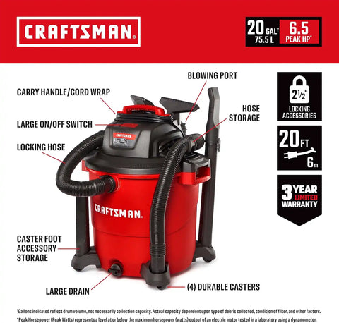 CRAFTSMAN CMXEVBE17596 20 Gallon 6.5 Peak HP Wet Dry Shop Vacuum Bundle
