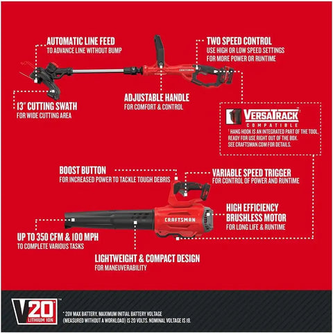 CRAFTSMAN V20 String Trimmer and Leaf Blower Combo Kit, Cordless (CMCK297M1)