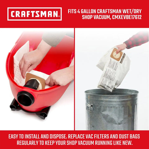 CRAFTSMAN CMXZVBE43270 Genuine 4 Gal. Wet Dry Vacuum Dust Collection Bags | For Fine Dust, Fits CRAFTSMAN CMXEVBE17612 4 Gallon Shop Vacuum, Collects Dry Fine Debris, Reduces Cleanup Time, 2-Pack