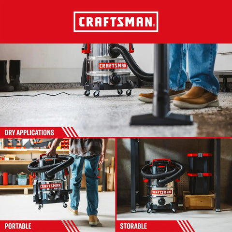 CRAFTSMAN CMXEVBE17155 10 Gallon 6.0 Peak HP Stainless Steel Wet Dry Vac, Portable Shop Vacuum Wet and Dry with 2 Filters, Hose and Attachments for Home and Garage Use
