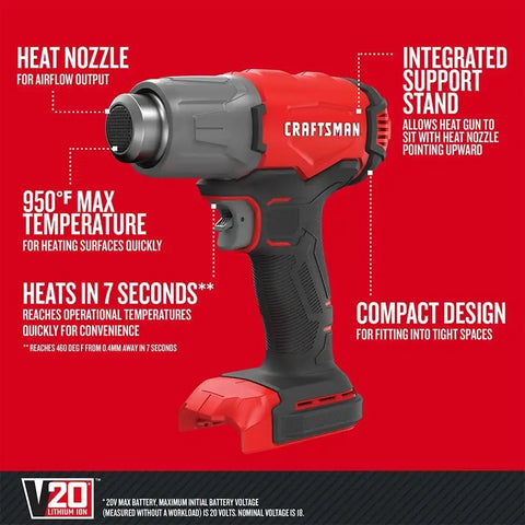 CRAFTSMAN V20 Cordless Heat Gun, Up to 950 Degrees, Portable Heat Gun, Tool Only (CMCE530B)