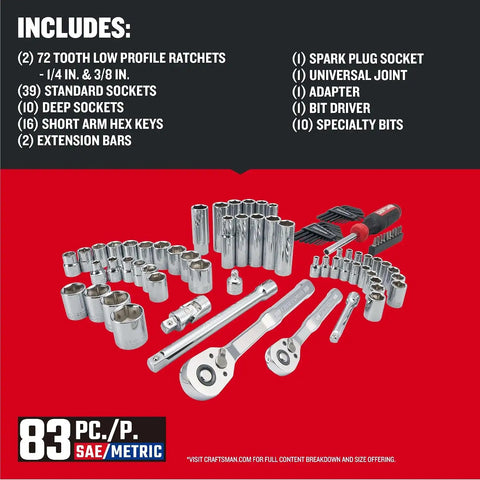 CRAFTSMAN Mechanics Tool Set, 83 Piece Hand Tool and Socket Set SAE/Metric (CMMT12121)
