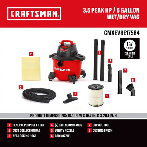 CRAFTSMAN CMXEVBE17584 6 Gallon 3.5 Peak HP Wet Dry Shop Vacuum Bundle