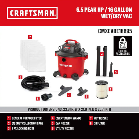 CRAFTSMAN CMXEVBE18695 16 Gallon 6.5 Peak HP Wet Dry Shop Vacuum Bundle | Heavy-Duty Wet and Dry Vac with Filter, 4 Dust Bags, Hose, Diffuser and Attachments for Home Projects & Renovations