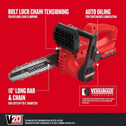 CRAFTSMAN Mini Chainsaw, 10 inch Mini Chainsaw Cordless, Electric Chain Saw, V20 Battery and Charger Included, Handheld Tree Trimmer Wood Cutter (CMCCS610D1)
