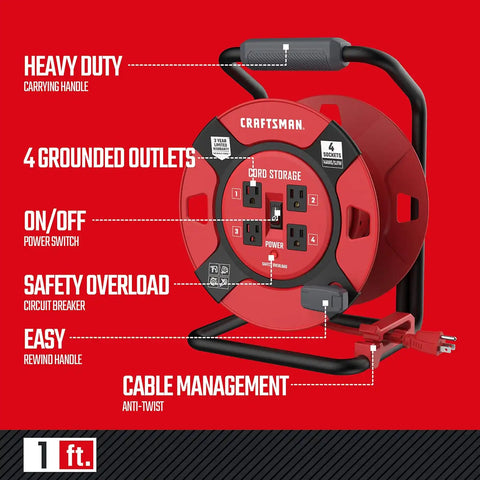 CRAFTSMAN Retractable Extension Cord Reel, 4 Outlets, Cable Management | 14 AWG SJTW cable, heavy-duty construction, organized storage for cords