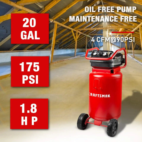 Craftsman Air Compressor, 20 Gallon Oil-Free 1.8 HP Max 175 PSI Pressure Two Quick Couplers Big Capacity, Red- CMXECXA0232043 | Dual Quick Couplers, 1.8HP, 5 CFM @ 40 PSI Air Compressor for Garage, Jobsite & Workshop