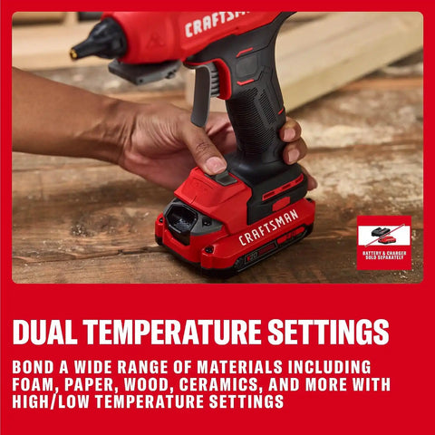 CRAFTSMAN V20 Hot Glue Gun Full Size, Cordless Glue Gun and Sticks Set with LED Light, Interchangeable Nozzles and Wrench, Retractable Dip Tray, Fast Preheat, Long Runtime, Tool Only (CMGL200B)