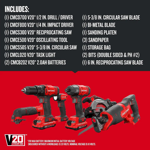CRAFTSMAN V20 Cordless 6-Tool Combo Kit With Two 2.0 Ah Batteries and Charger (CMCK601D2)